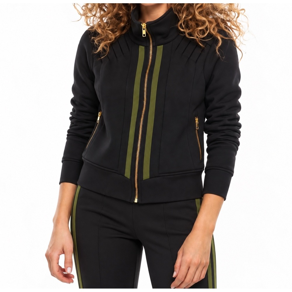 Garbe Luxe Black Olive Stripe Gold Full Zip Athleisure Scuba Track Jacket Small